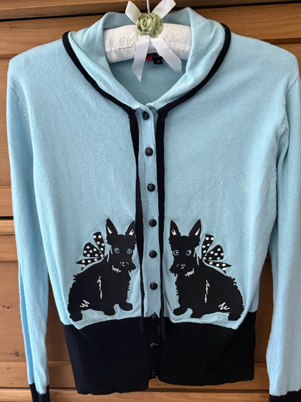 Light Blue Bunny-Print Cardigan Sweater with Black Trim